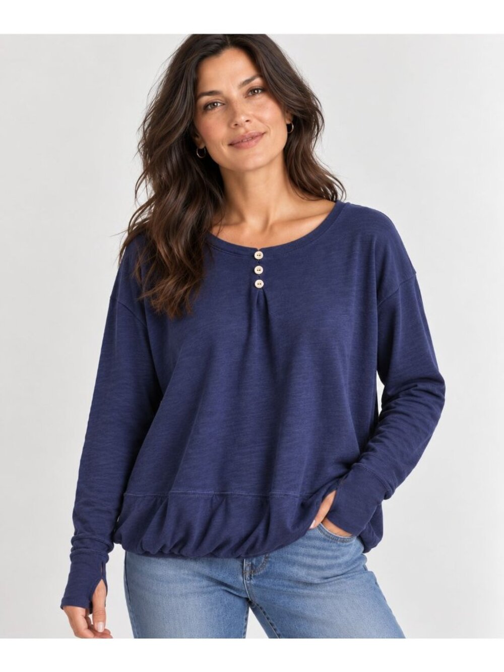 Peruvian Connection Blue Henley Tunic Top Gathered bubble hem XS Cotton